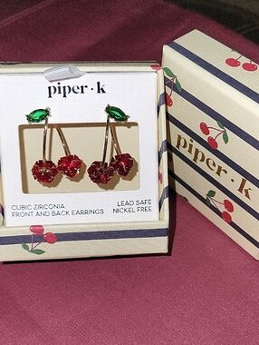 Piper·k Cherry Drop Earrings in Red with Green Accent BNIB TA Rt Th